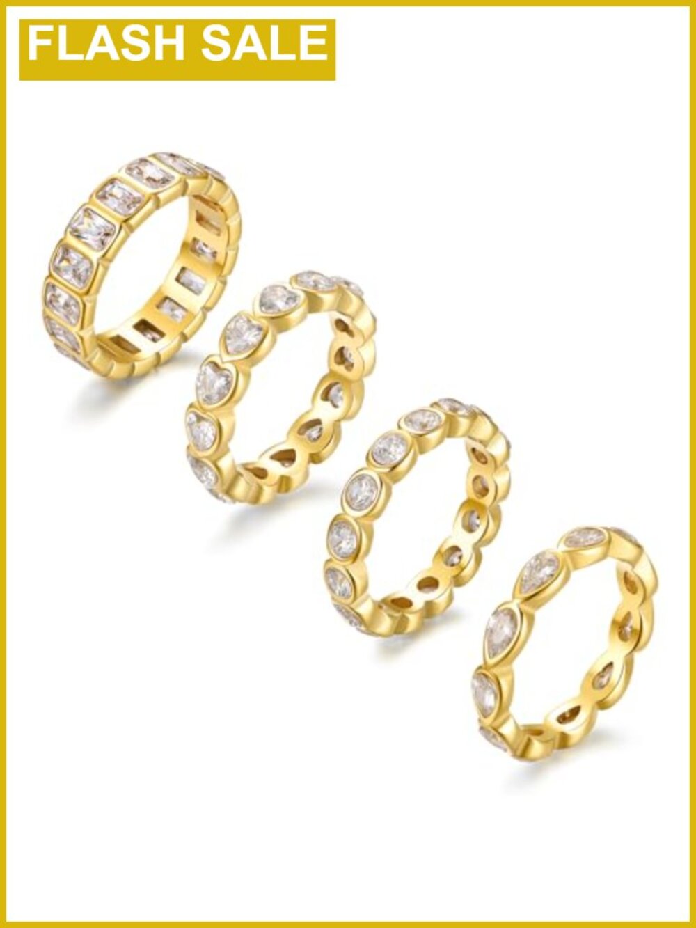 4 Pc Gold Plated Stainless Steel Cubic Zirconia Ring Set Stackable Women Sizes
